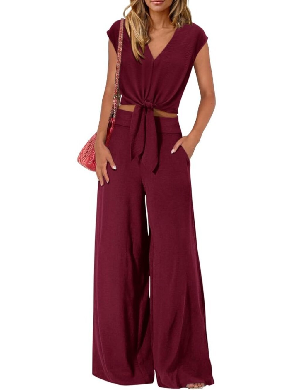 Women's Wine Red Summer 2 Piece Outfits Cap Sleeve V Neck Belted Crop Tops